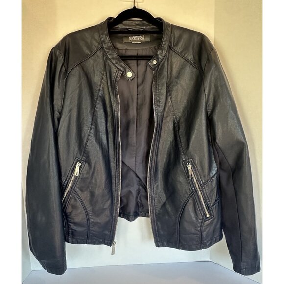 Kenneth Cole Reaction Navy Faux Leather Moto Jacket XL Stretch Designer - Picture 3 of 16